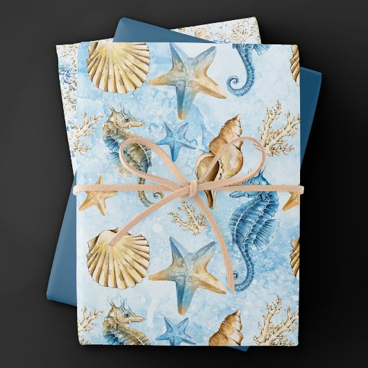 Coastal Chic | Modernes Blau und Gold im Meer Geschenkpapier Set
