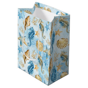 Coastal Chic   Modernes Blau und Gold im Meer Mittlere Geschenktüte