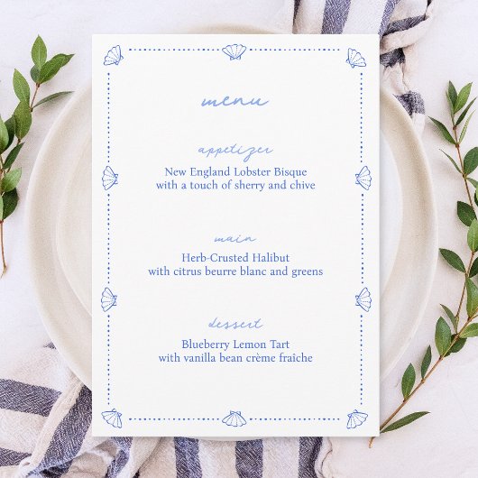 Coastal Chic Muschel Border Blue and White Wedding Menükarte