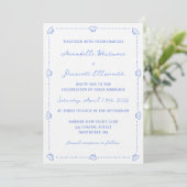 Coastal Chic Muschel Border Elegante Blue Wedding Einladung (Stehend Vorderseite)