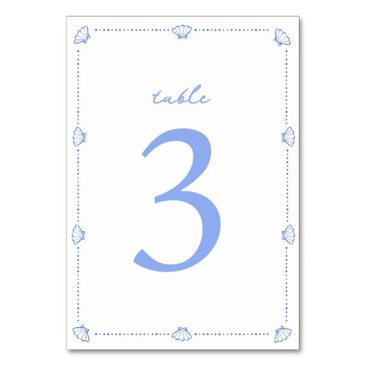 Coastal Chic Muschel Border Elegante Blue Wedding Tischnummer (Vorderseite)