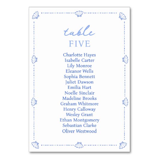 Coastal Chic Muschel Border Elegante Blue Wedding Tischnummer (Vorderseite)