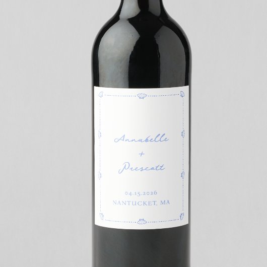 Coastal Chic Muschel Border Elegante Blue Wedding Weinetikett