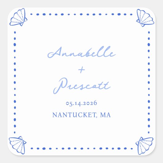 Coastal Chic Muschel Border Personalisiert Wedding Quadratischer Aufkleber (Vorderseite)