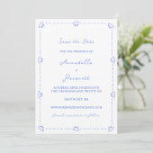 Coastal Chic Muschel Grenze Kein Foto Blue Wedding Save The Date (Stehend Vorderseite)