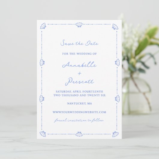 Coastal Chic Muschel Grenze Kein Foto Blue Wedding Save The Date (Stehend Vorderseite)