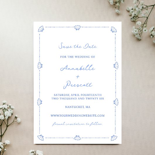 Coastal Chic Muschel Grenze Kein Foto Blue Wedding Save The Date