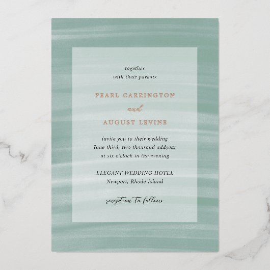 Coastal Chic Mute Green Elegant Hochzeit Folieneinladung (Vorderseite)