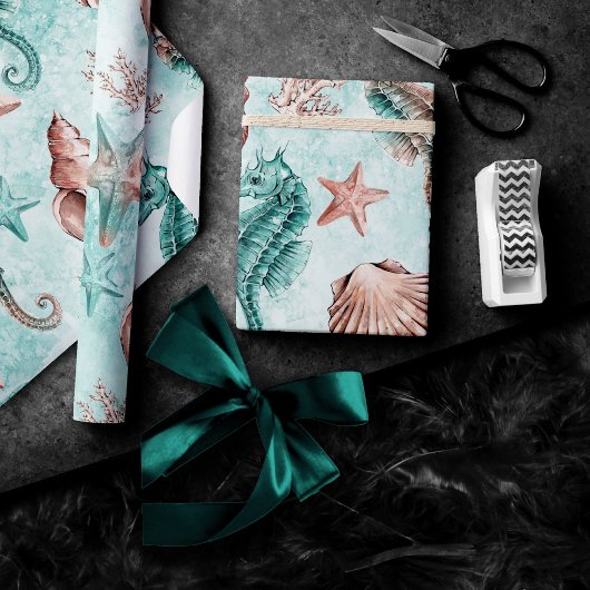 Coastal Chic | Pastelmuster Aquamarin und Korallen Geschenkpapier