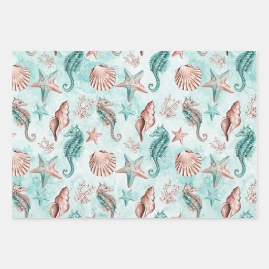 Coastal Chic | Pastelmuster Aquamarin und Korallen Geschenkpapier Set (Vorderseite)