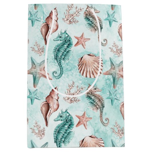 Coastal Chic | Pastelmuster Aquamarin und Korallen Mittlere Geschenktüte (Vorderseite)