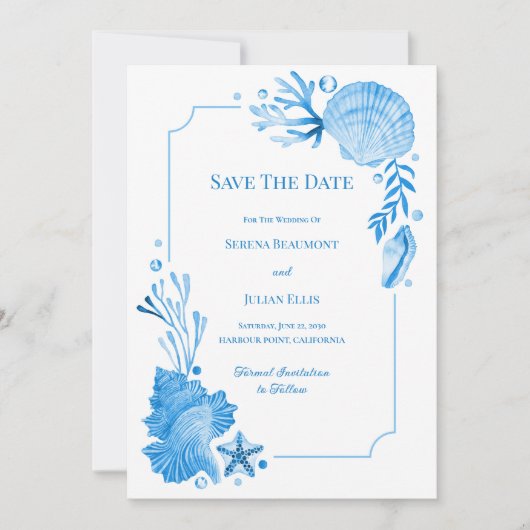 Coastal Chic Seaside Blue Seashells & Starfish Save The Date (Vorderseite)