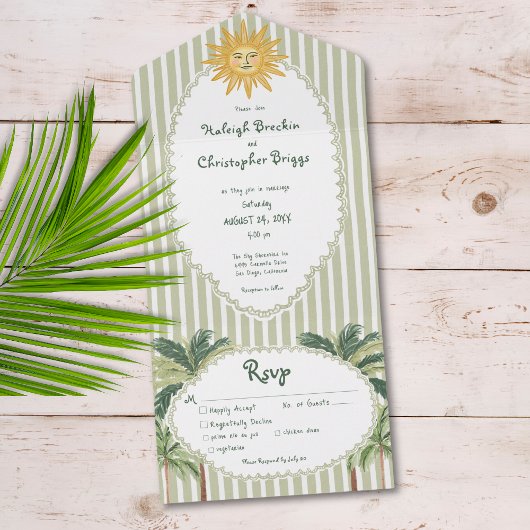 Coastal Chic Sun Palm Tree Wedding Dinner All In One Einladung
