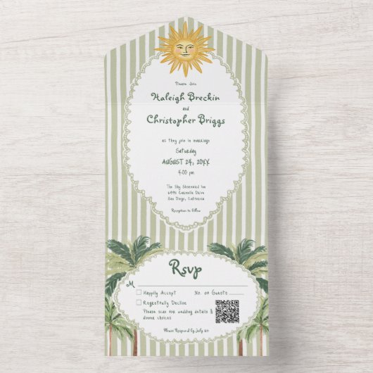 Coastal Chic Sun Palm Tree Wedding QR Code All In One Einladung (Innen Boden)