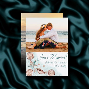 Coastal Chic   Teal und Korallenriff Foto-Hochzeit Ankündigung