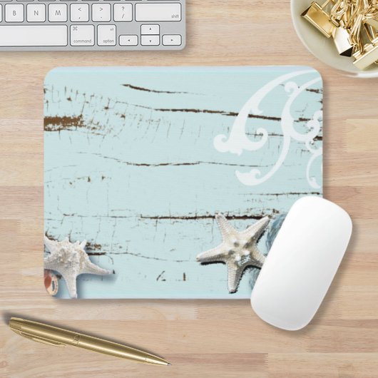 Coastal chic wood aqua blue star seashells mousepad