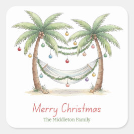 Coastal Christmas Palm Trees With Hammock Quadratischer Aufkleber