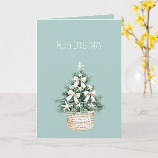 Coastal Christmas Tree Bows Blue Beach Ocean   Karte (Gelbe Blume)