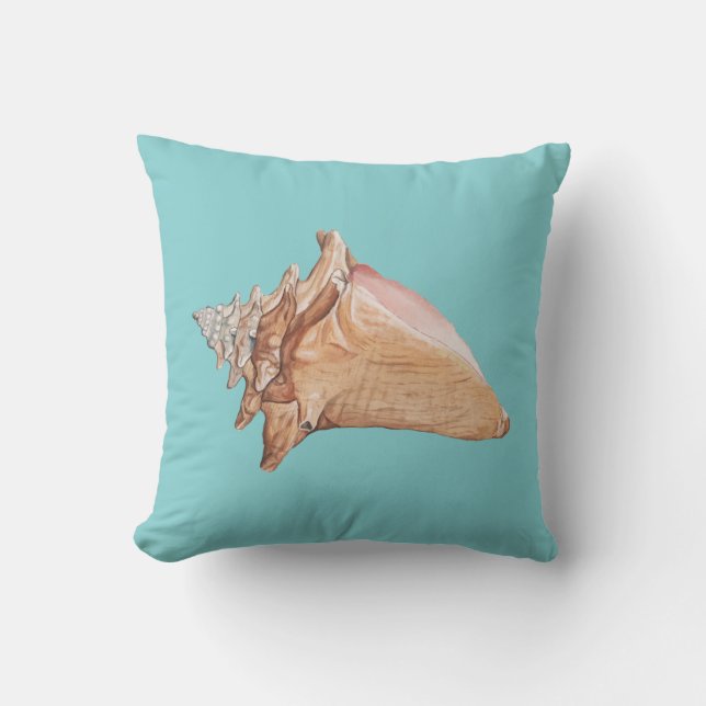 Coastal Conch Motif Aqua Throw Kissen (Vorderseite)
