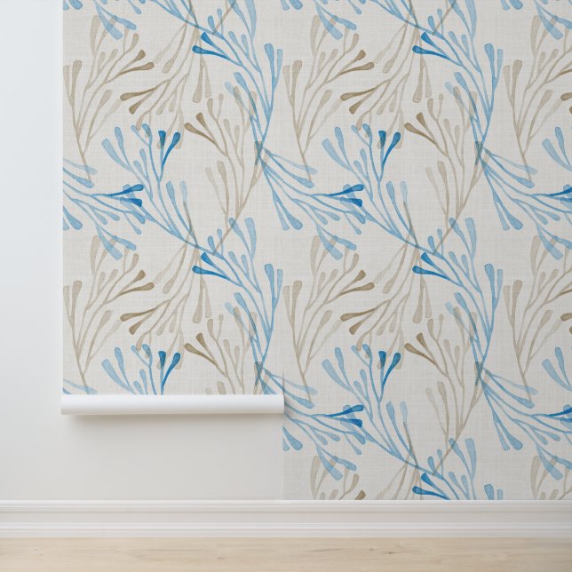 Coastal Coral and Seaweed in Cobalt Blue & Beige Tapete (Anwendung)