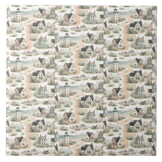 Coastal Cottage Lighthouse Pattern Fliese (Vorderseite)