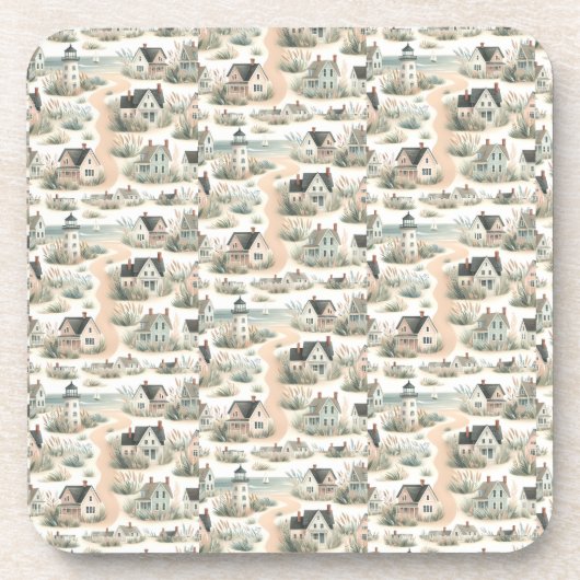Coastal Cottage Lighthouse Pattern Getränkeuntersetzer (Vorderseite)