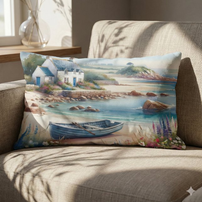 Coastal Cottage Seaside Rowboat Bloom Lendenkissen (Coastal Cottage Seaside Rowboat Bloom Lumbar Pillow Mockup A)