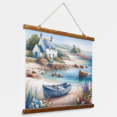 Coastal Cottage Seaside Rowboat  Wandteppich Mit Holzrahmen (Gewinkelt)