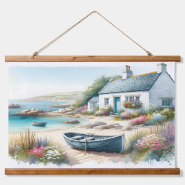 Coastal Cottage Watercolor Seaside Scene Wandteppich Mit Holzrahmen