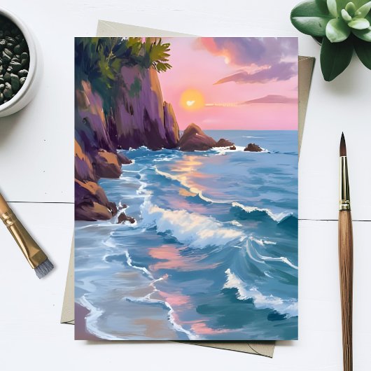 Coastal Cotton Candy Sunset Watercolor Paint Card
