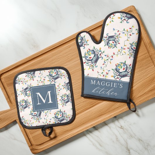 Coastal Crab Christmas Lights Personalized Ofenhandschuh & Topflappen-Set