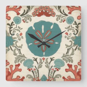 Coastal Damask I Quadratische Wanduhr