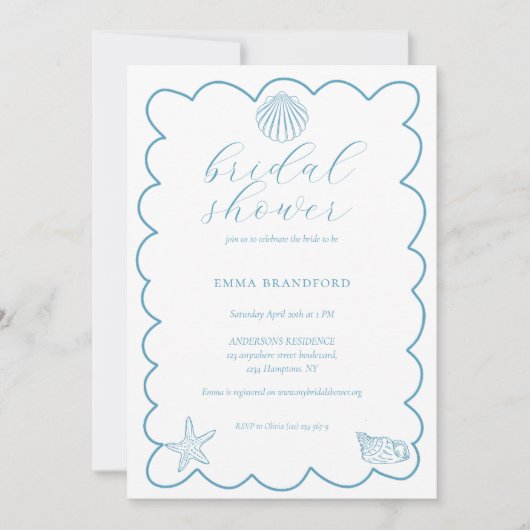 Coastal Doodle Blue White Bridal Shower Einladung (Vorderseite)