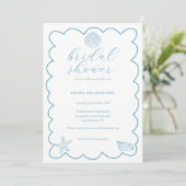 Coastal Doodle Blue White Bridal Shower Einladung (Stehend Vorderseite)