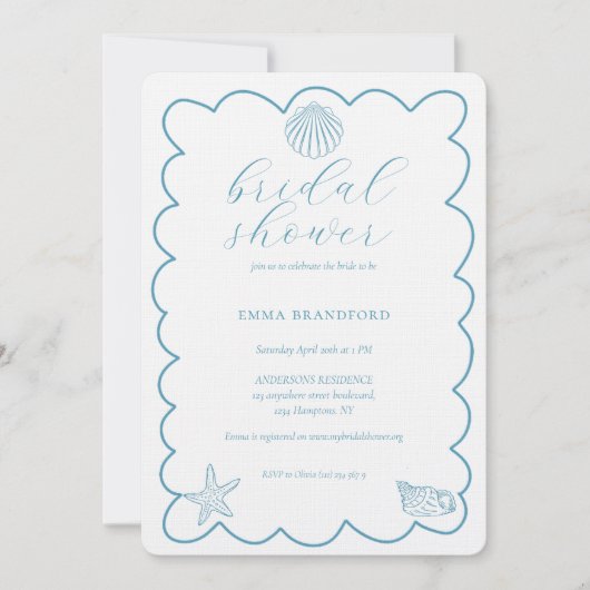 Coastal Doodle Blue White Bridal Shower  Einladung (Vorderseite)