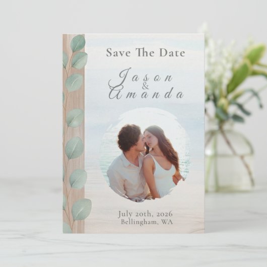 Coastal Eucalyptus Save The Date Einladung (Stehend Vorderseite)