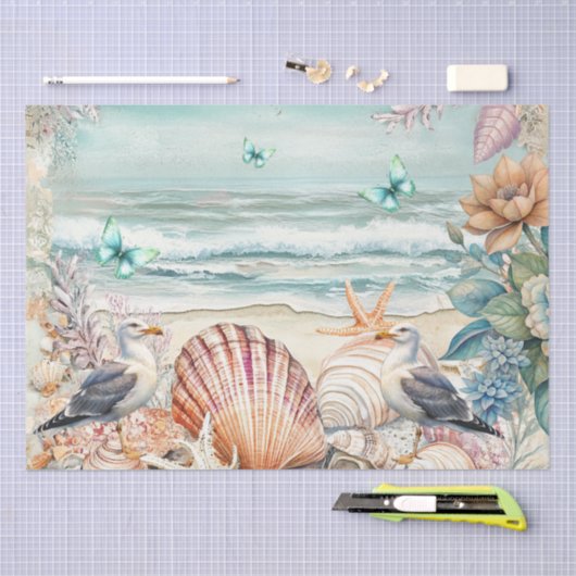 Coastal Floral Seagulls & Seashells Decoupage  Seidenpapier (Handwerk)