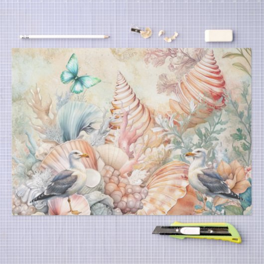 Coastal Floral Seagulls & Seashells Decoupage  Seidenpapier (Handwerk)