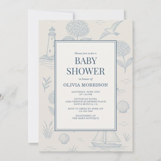 Coastal French Toile Blue Floral Baby Shower Einladung (Vorderseite)