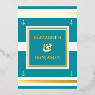 Coastal Gold Aquamarine Streifen Schöne Hochzeit Folieneinladung