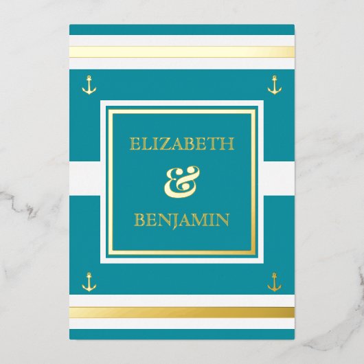 Coastal Gold Aquamarine Streifen Schöne Hochzeit Folieneinladung (Vorderseite)