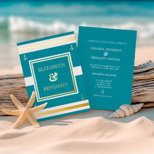 Coastal Gold Aquamarine Streifen Schöne Hochzeit Folieneinladung