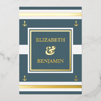 Coastal Gold White Blue Stripes Schöne Hochzeit Folieneinladung