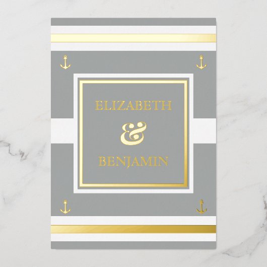 Coastal Gold White Gray Stripes Schöne Hochzeit Folieneinladung (Vorderseite)
