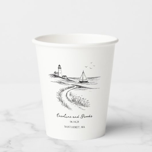 Coastal Hand Drawn Black & White Wedding Pappbecher (Vorderseite)