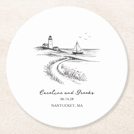 Coastal Hand Drawn Black & White Wedding Runder Pappuntersetzer (Vorderseite)