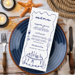 Coastal Hand Drawn Cocktail Seashell Wedding Menükarte<br><div class="desc">Charmantes und lässiges Hochzeitsmenü an der Küste mit handgezeichneten Doodles in nautischer Marineblau auf weißem Hintergrund. Zu den Illustrationen zählen Champagner- und Weincocktail-Gläser, Muscheln, ein Tischambiente und eine zwielichtige, wache Grenze. Der Text ist handschriftlich und kann mit Ihren Menüoptionen angepasst werden. Auf der Rückseite ist ein Wappen eines Paares, das...</div>
