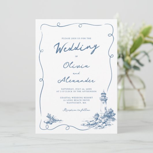 Coastal Hand Drawn Whimsical Lighthouse Wedding Einladung (Stehend Vorderseite)