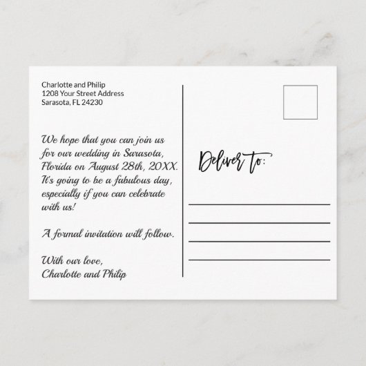 Coastal Hochzeit Speichern Sie das Datum benutzerd Ankündigungspostkarte (Rückseite)