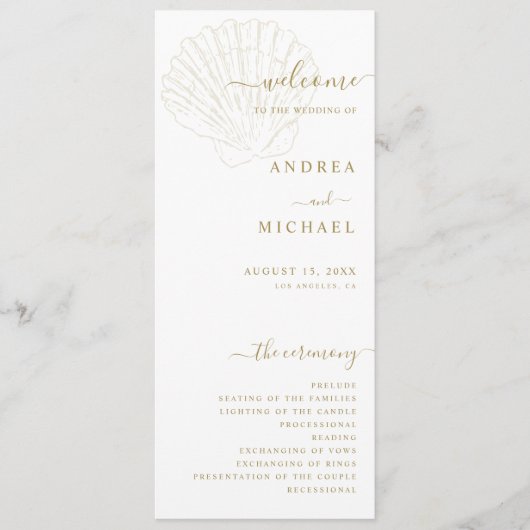 Coastal Ivory & Gold Hand Drawn Seashell Wedding Programm (Vorderseite)